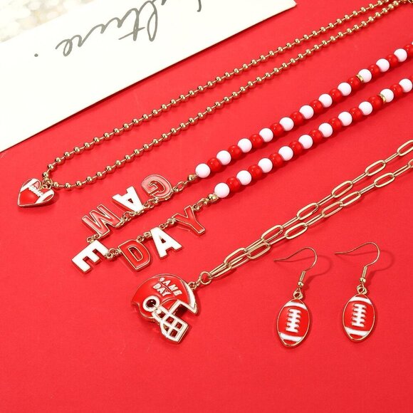 Women Beaded Football Necklace Layered Link Chain Sports Team Jewelry Gift - Picture 4 of 6